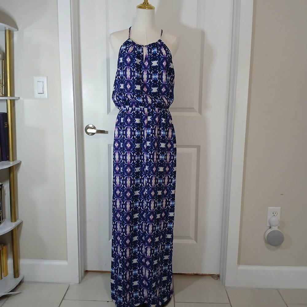 Forever 21 Maxi Dress Women’s Size L Blue Purple Boho Print Halter Neckline